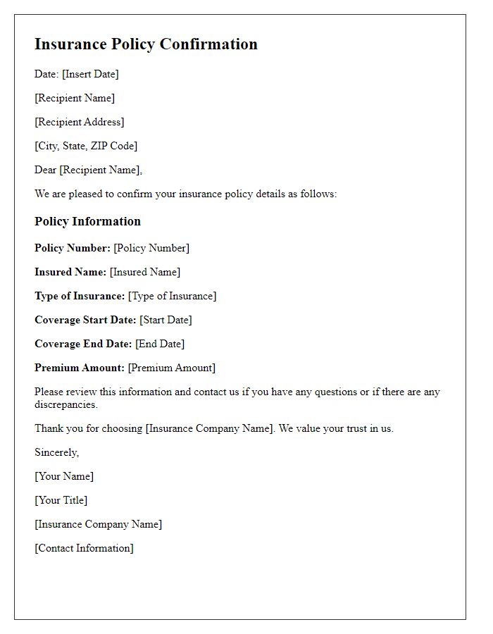 Letter template of confirmation of insurance policy details