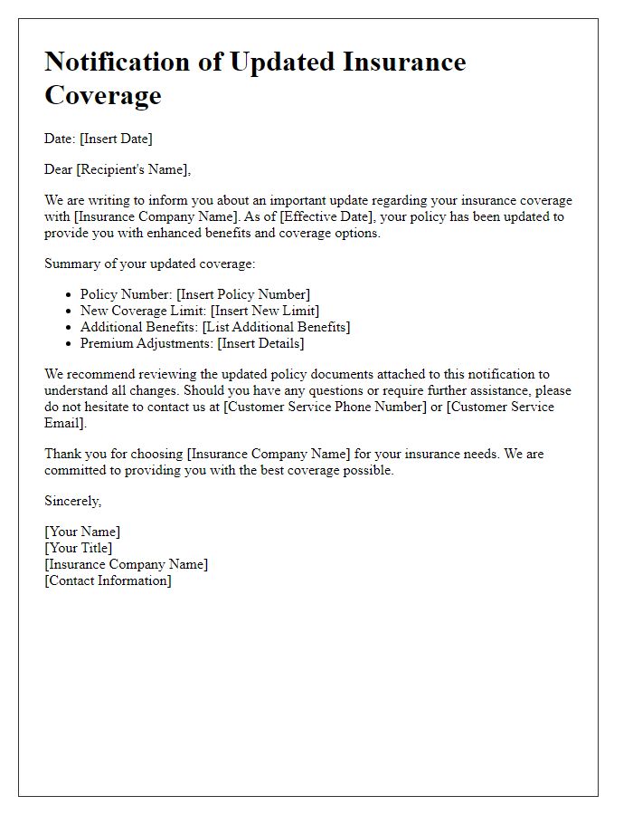 Letter template of notification for updated insurance coverage