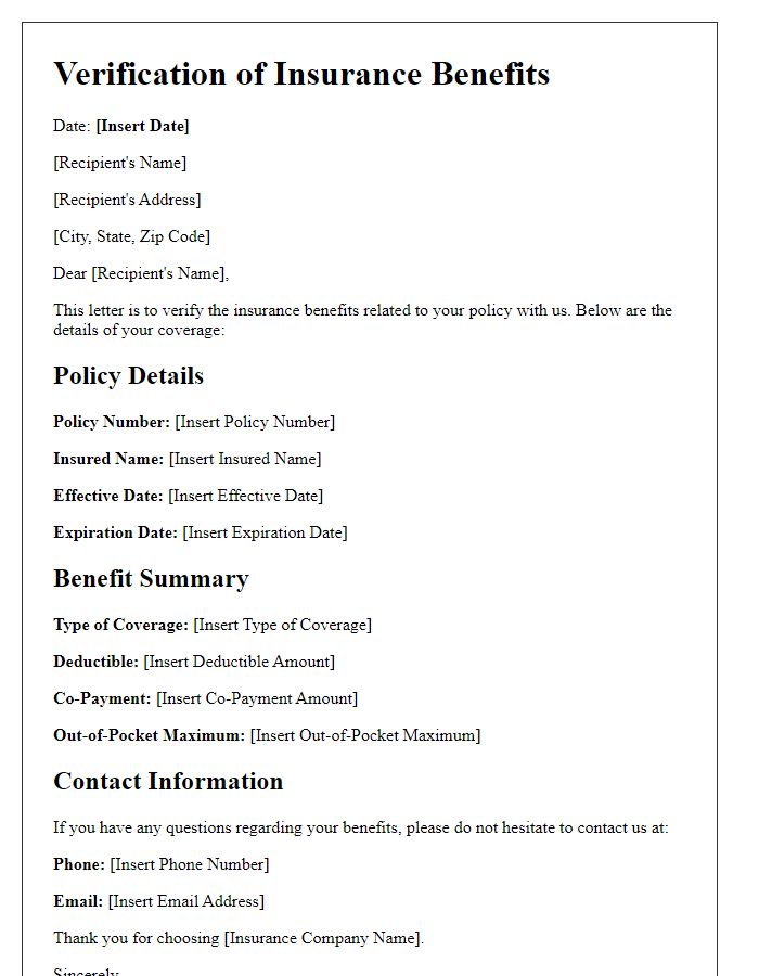 Letter template of verification of insurance benefits