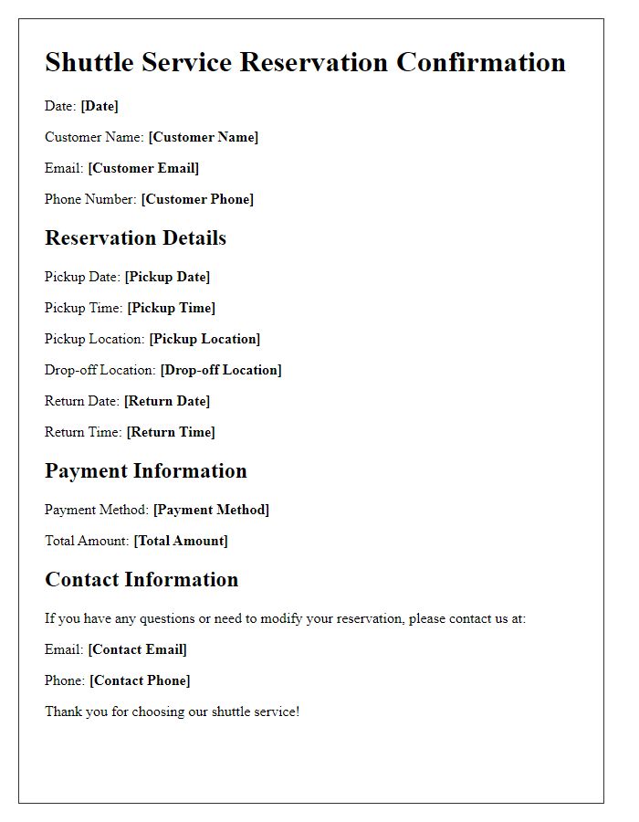 Letter template of shuttle service reservation for airport pickup and drop-off.