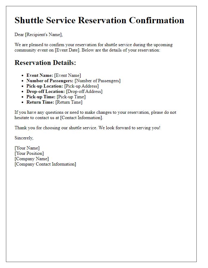 Letter template of shuttle service reservation for community event transport.