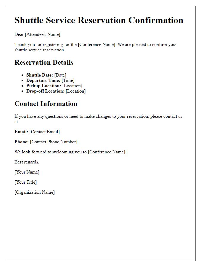 Letter template of shuttle service reservation for conference attendees.