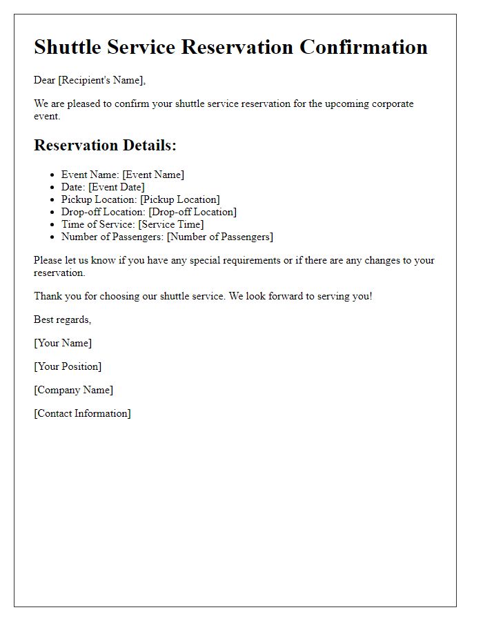 Letter template of shuttle service reservation for corporate event.