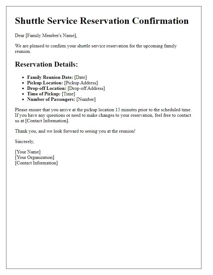 Letter template of shuttle service reservation for family reunion travel.