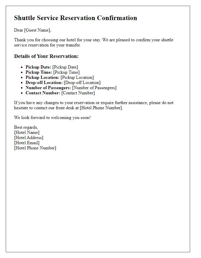 Letter template of shuttle service reservation for hotel guest transfers.