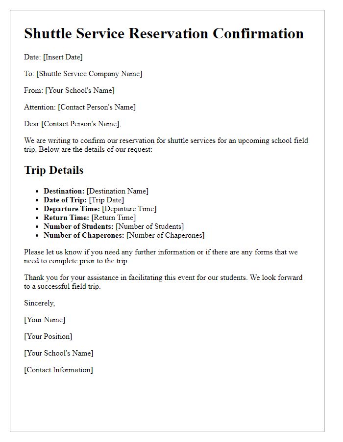 Letter template of shuttle service reservation for school field trip.