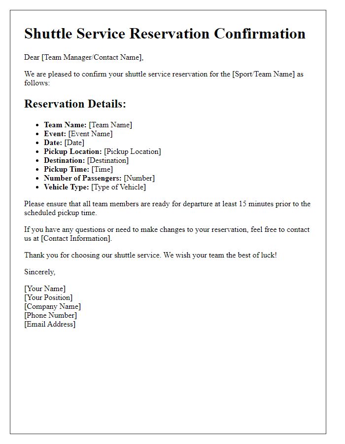 Letter template of shuttle service reservation for sports team logistics.