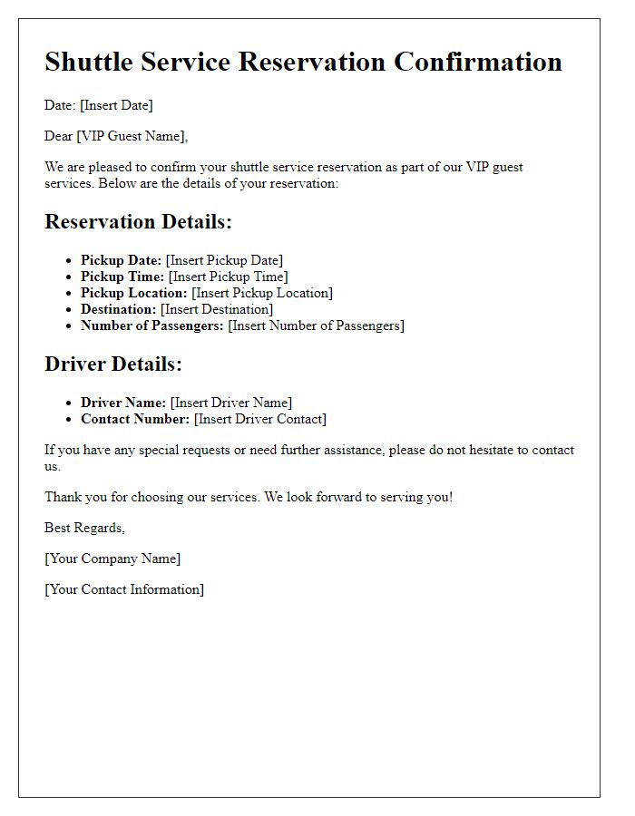 Letter template of shuttle service reservation for VIP guest services.