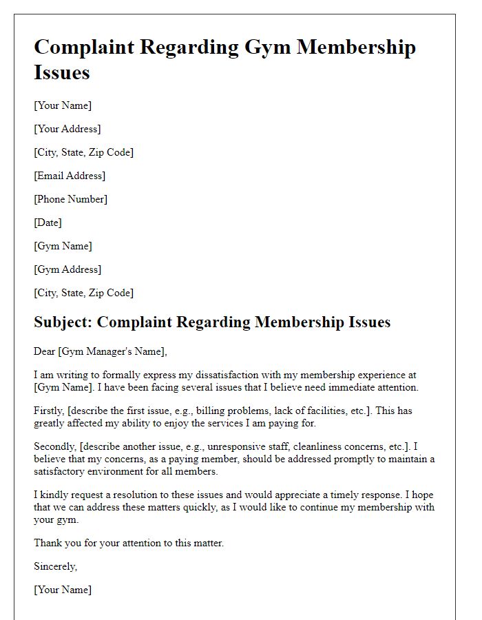 Letter template of complaint regarding gym membership issues