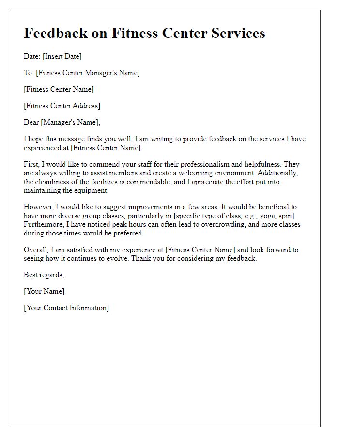 Letter template of feedback on fitness center services