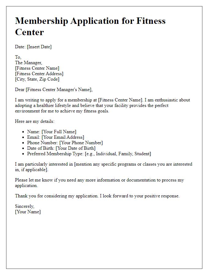 Letter template of membership application for fitness center enrollment