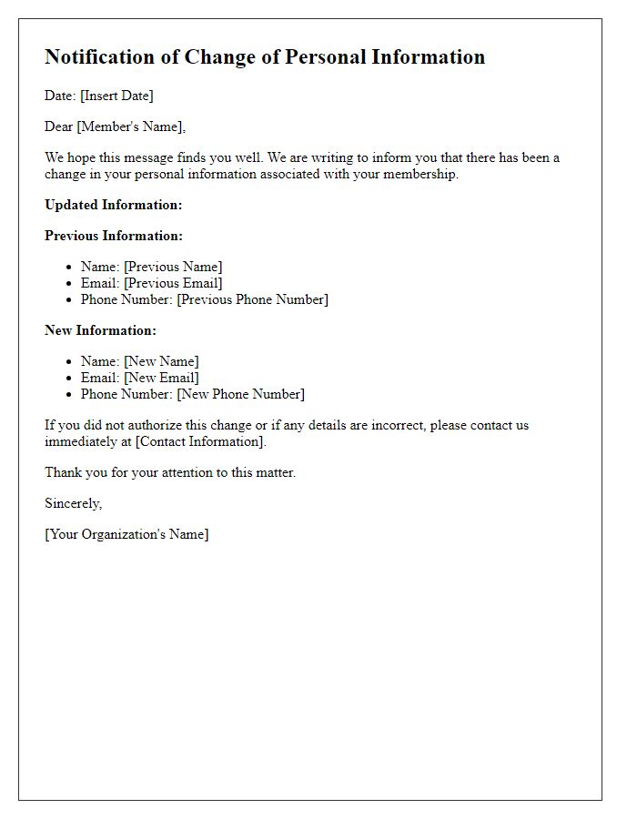 Letter template of notification for a change of personal information in membership