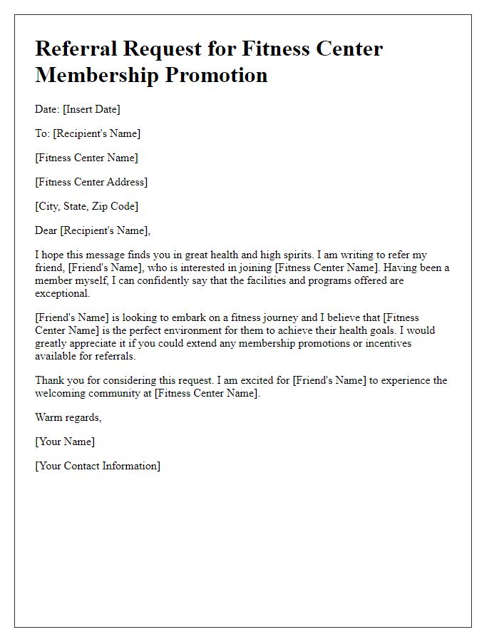 Letter template of referral request for fitness center membership promotion