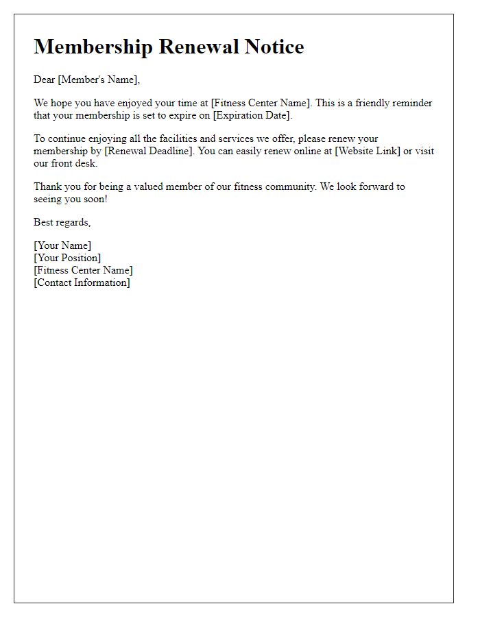 Letter template of renewal notice for fitness center membership