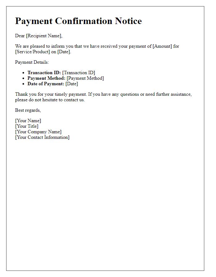 Letter template of payment confirmation notice