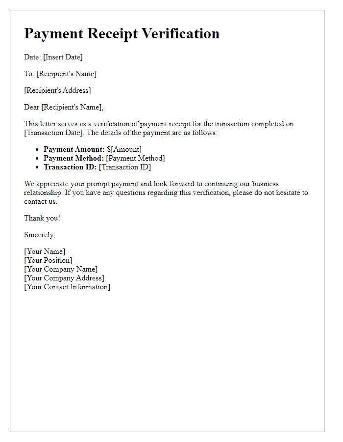 Letter template of payment receipt verification