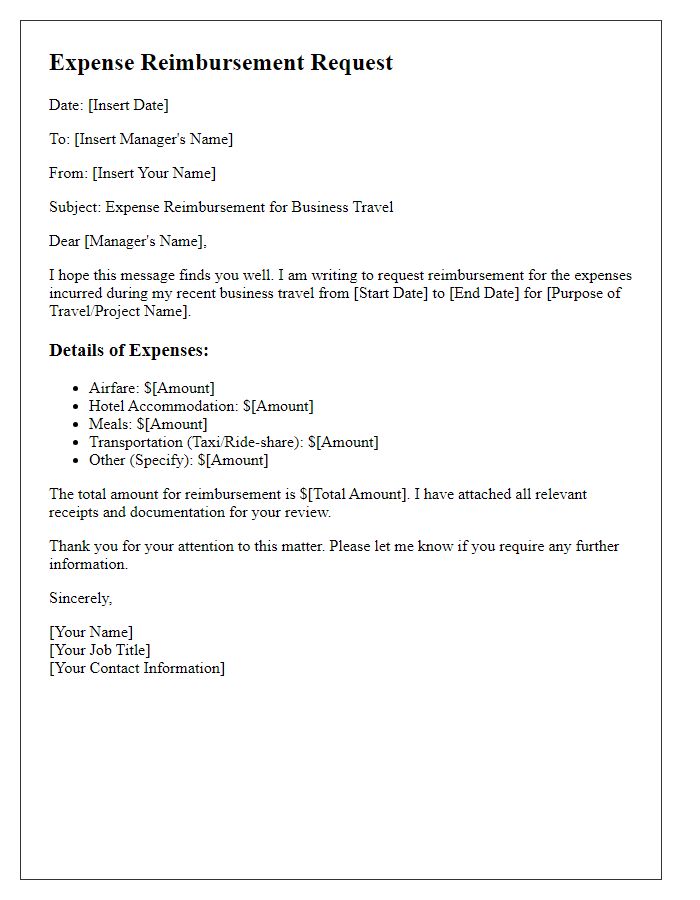 Letter template of expense reimbursement for business travel