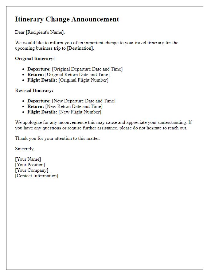 Letter template of itinerary change announcement for business travel