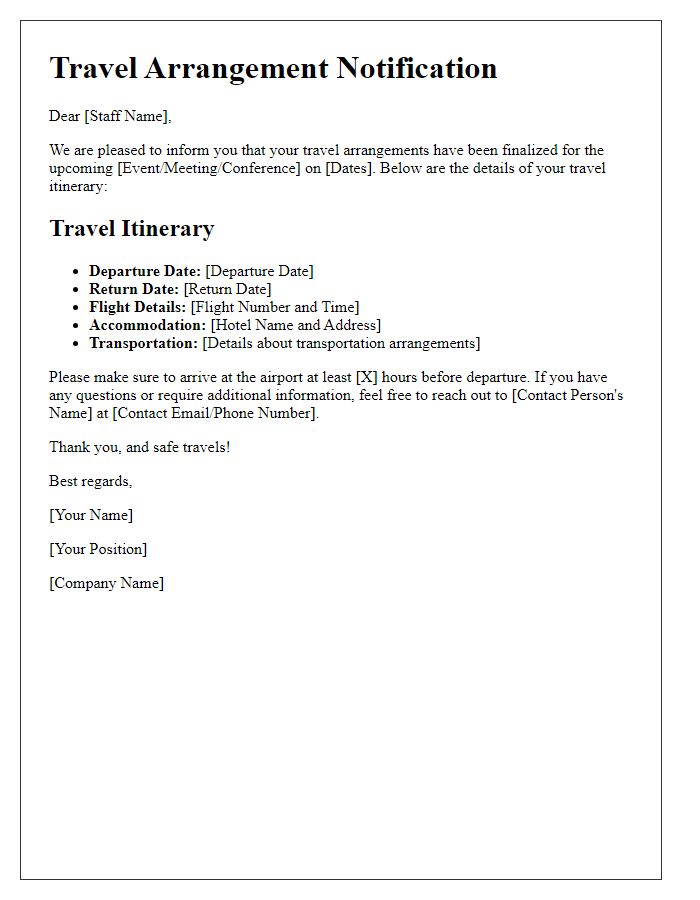 Letter template of travel arrangement notification for staff