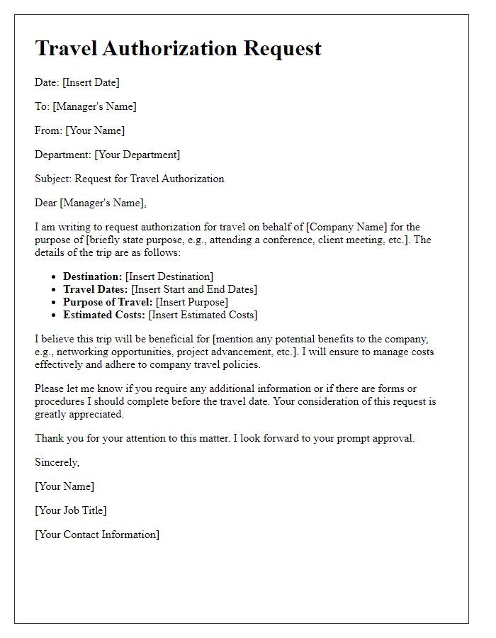 Letter template of travel authorization request for corporate travel