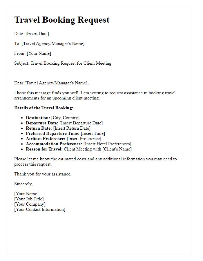 Letter template of travel booking request for client meeting