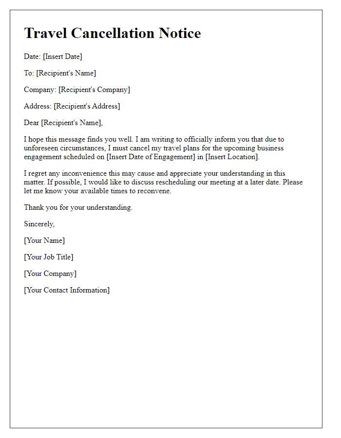 Letter template of travel cancellation notice for business engagement