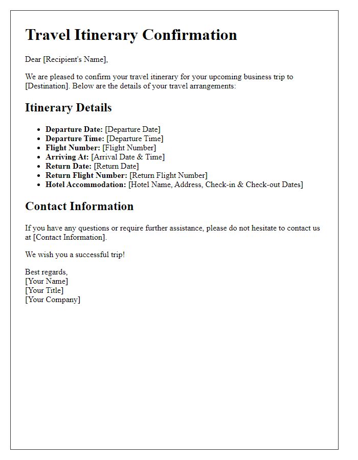 Letter template of travel itinerary confirmation for business trip