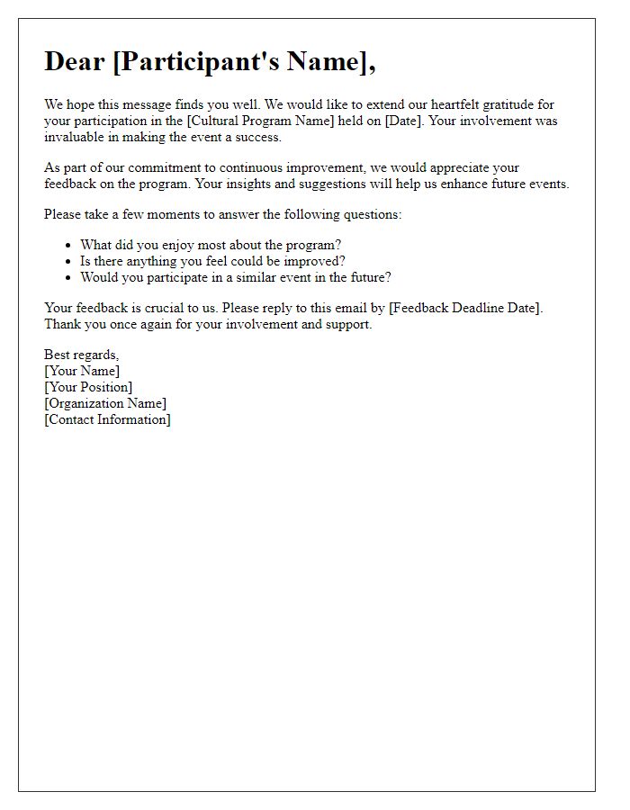 Letter template of feedback request for participants of a cultural program