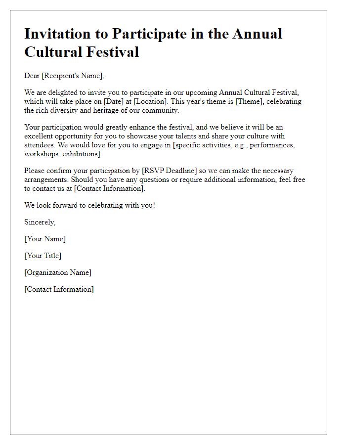 Letter template of invitation for a cultural festival participation