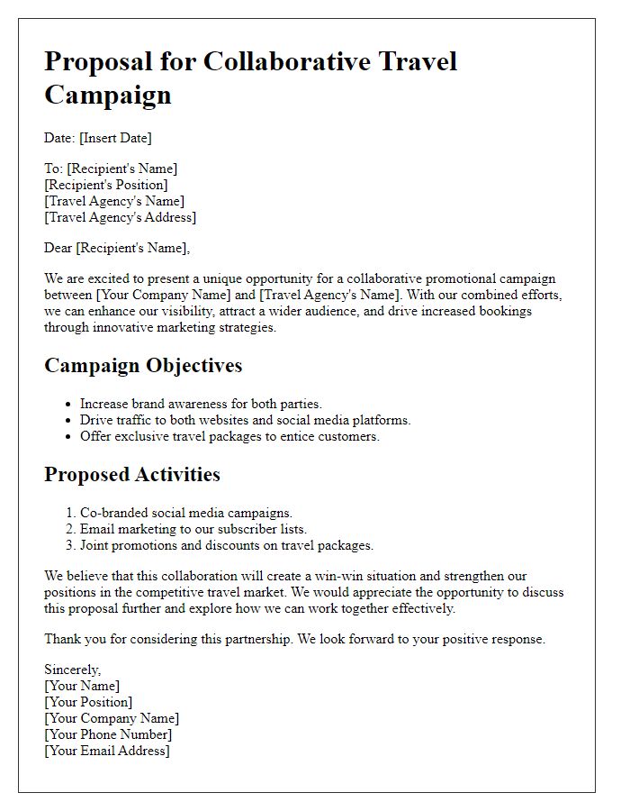 Letter template of promotional campaign proposal for travel agency collaboration