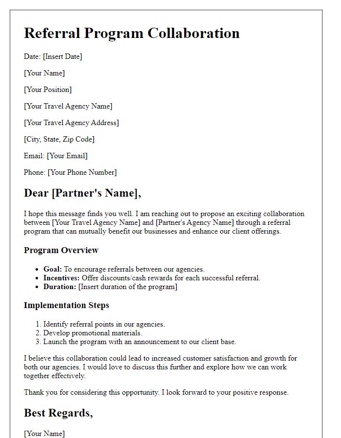 Letter template of referral program outline for travel agency collaboration