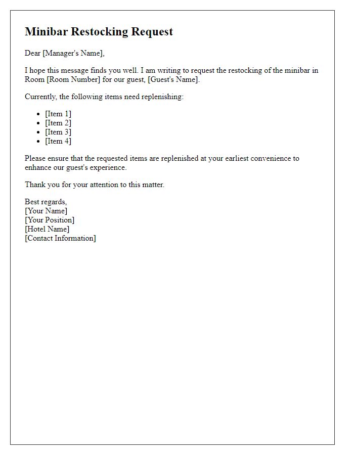 Letter template of minibar restocking request for boutique hotels