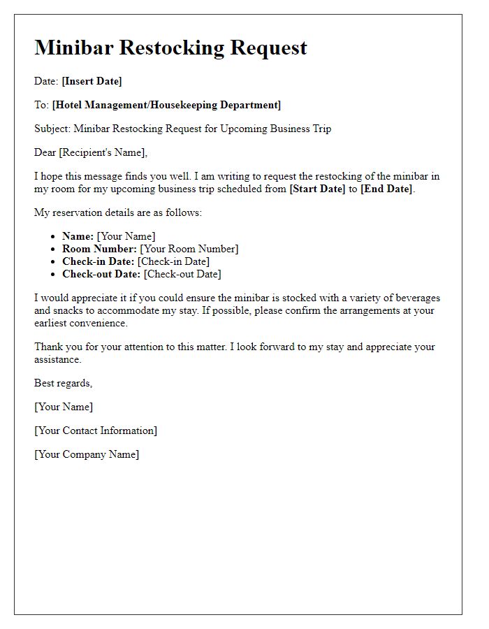 Letter template of minibar restocking request for business trips