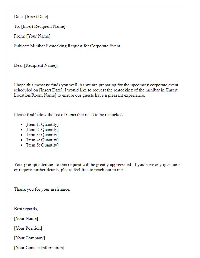 Letter template of minibar restocking request for corporate events