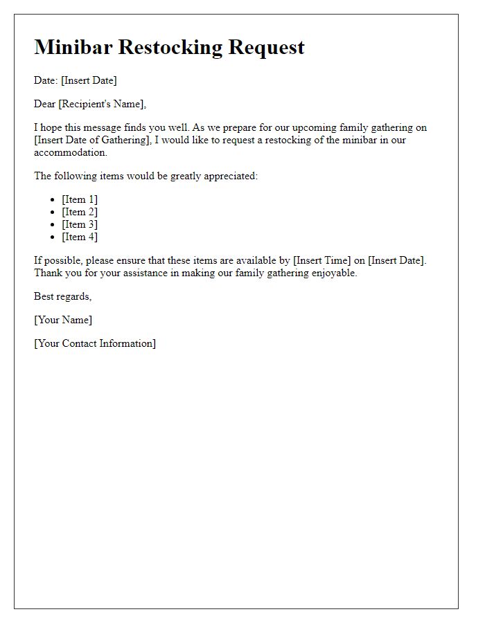 Letter template of minibar restocking request for family gatherings