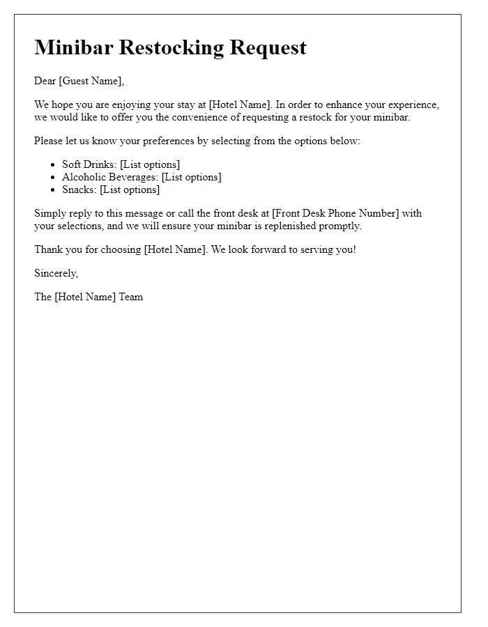 Letter template of minibar restocking request for hotel guests