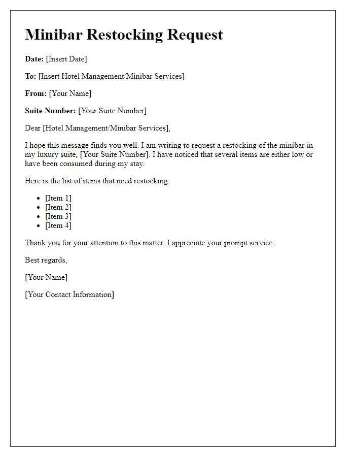 Letter template of minibar restocking request for luxury suites