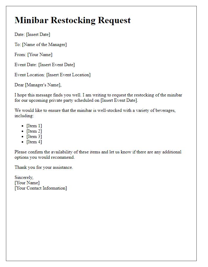 Letter template of minibar restocking request for private parties