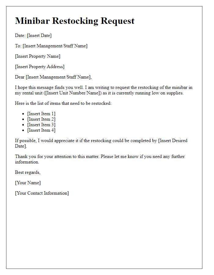 Letter template of minibar restocking request for short-term rentals