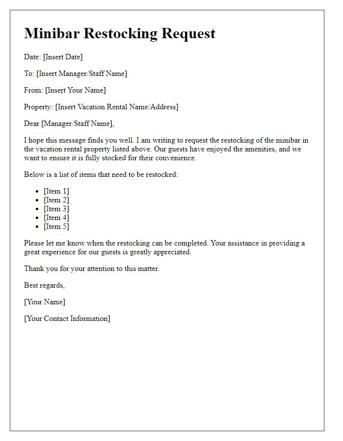 Letter template of minibar restocking request for vacation rentals