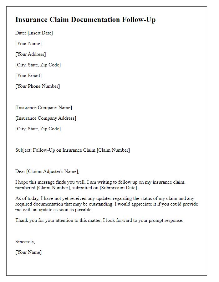 Letter template of insurance claim documentation follow-up