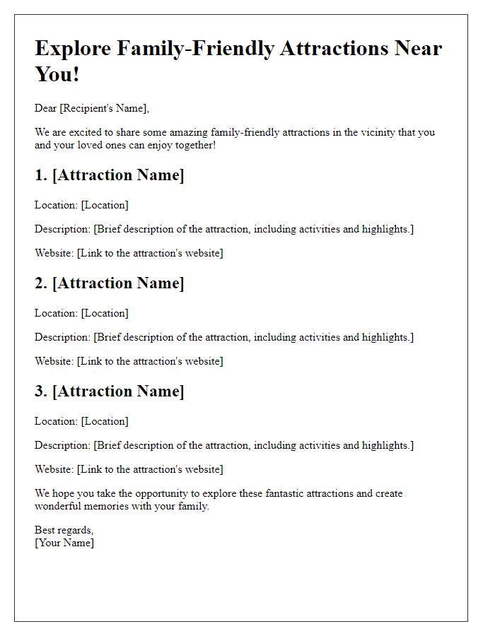 Letter template of family-friendly attractions in the vicinity.