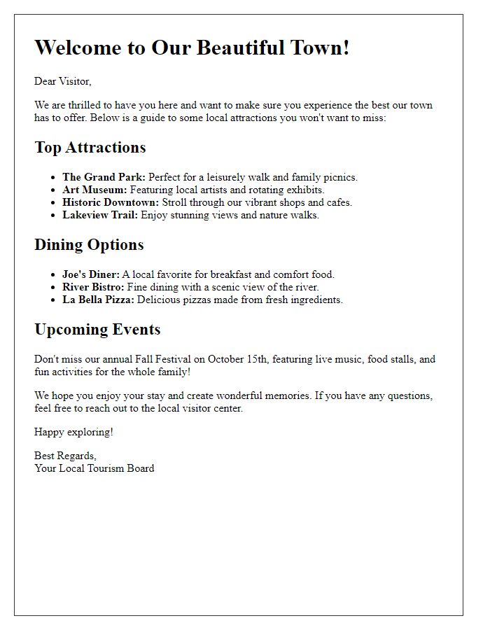 Letter template of local attractions guide for visitors.