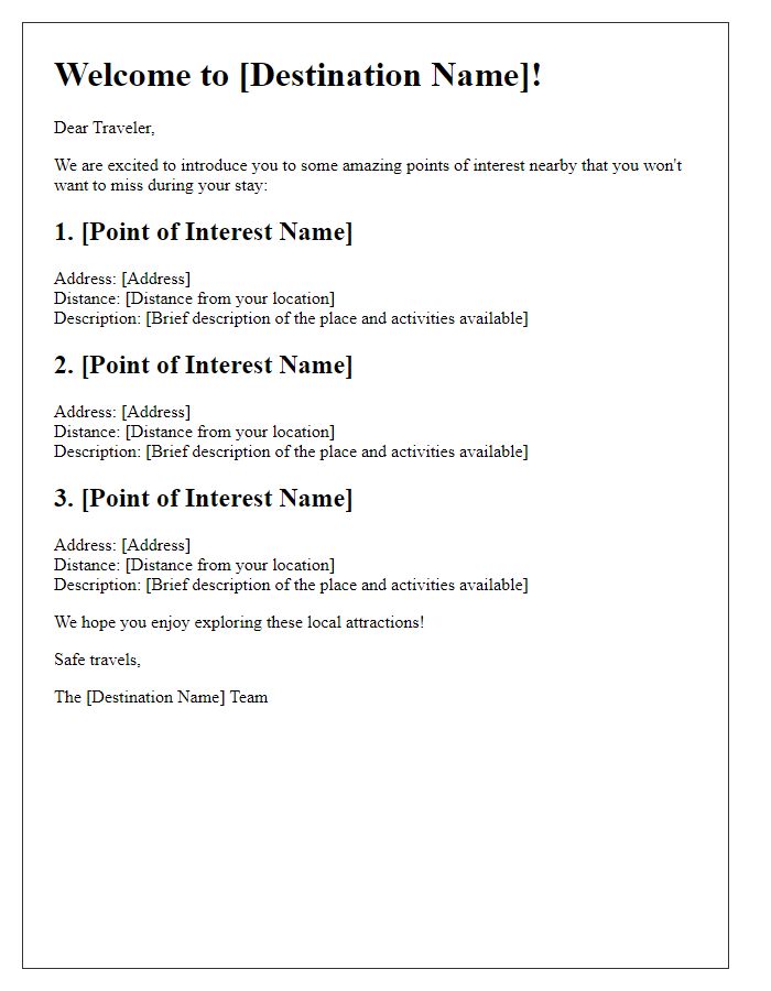 Letter template of nearby points of interest for travelers.