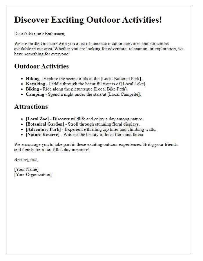 Letter template of outdoor activities and attractions around.