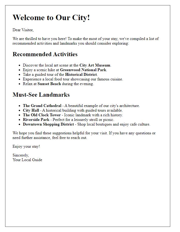 Letter template of recommended activities and landmarks close by.