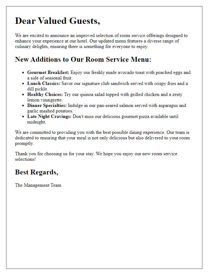 Letter template of improved room service selections