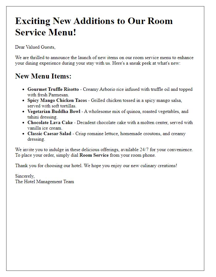 Letter template of new items on the room service menu