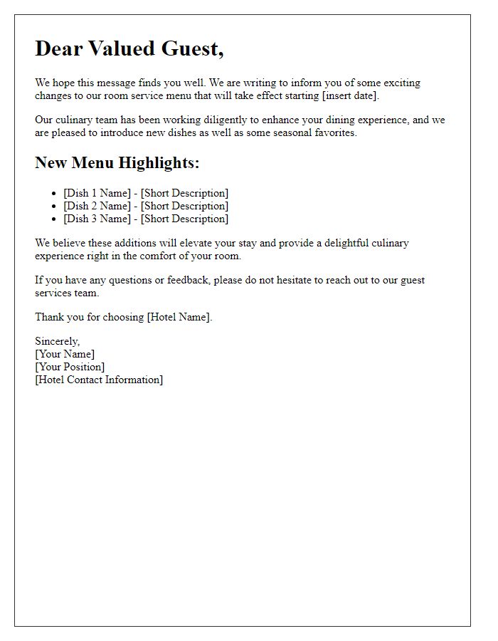 Letter template of room service menu changes notification