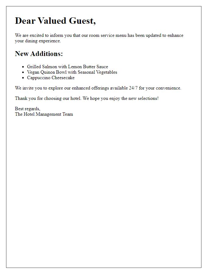 Letter template of room service menu update for guest experience